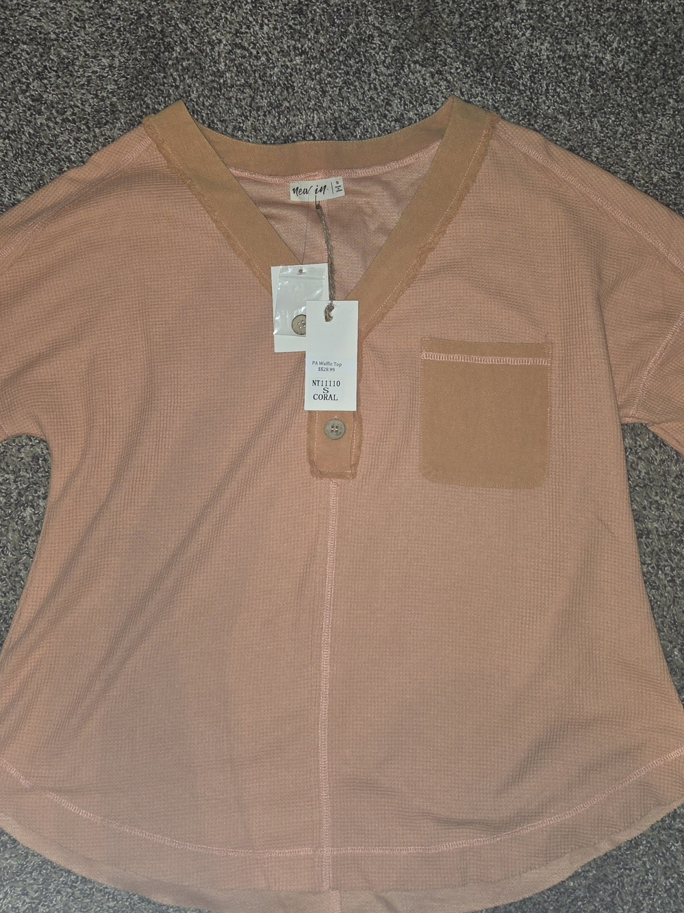 Coral Short-Sleeve V-Neck Tee with Chest Pocket